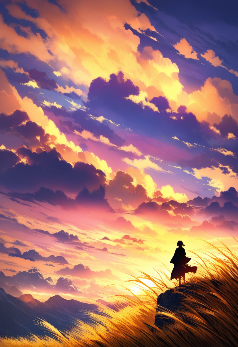 A lone samurai standing on a cliff at sunset, wind blowing through tall golden grass, dramatic clouds painted in orange and violet