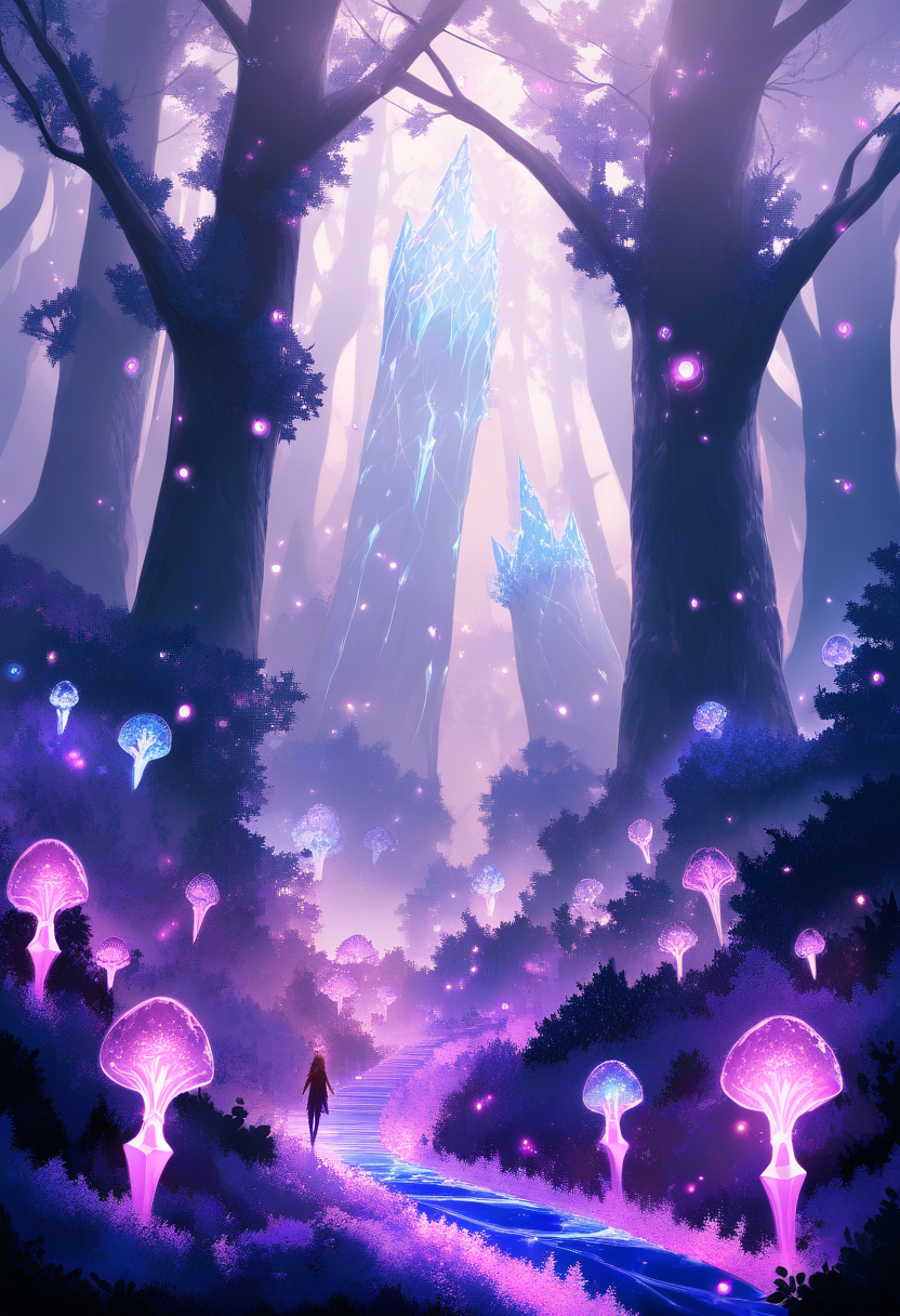 A magical forest with glowing crystal trees, a mystical fox spirit walking along a moonlit path, ethereal atmosphere