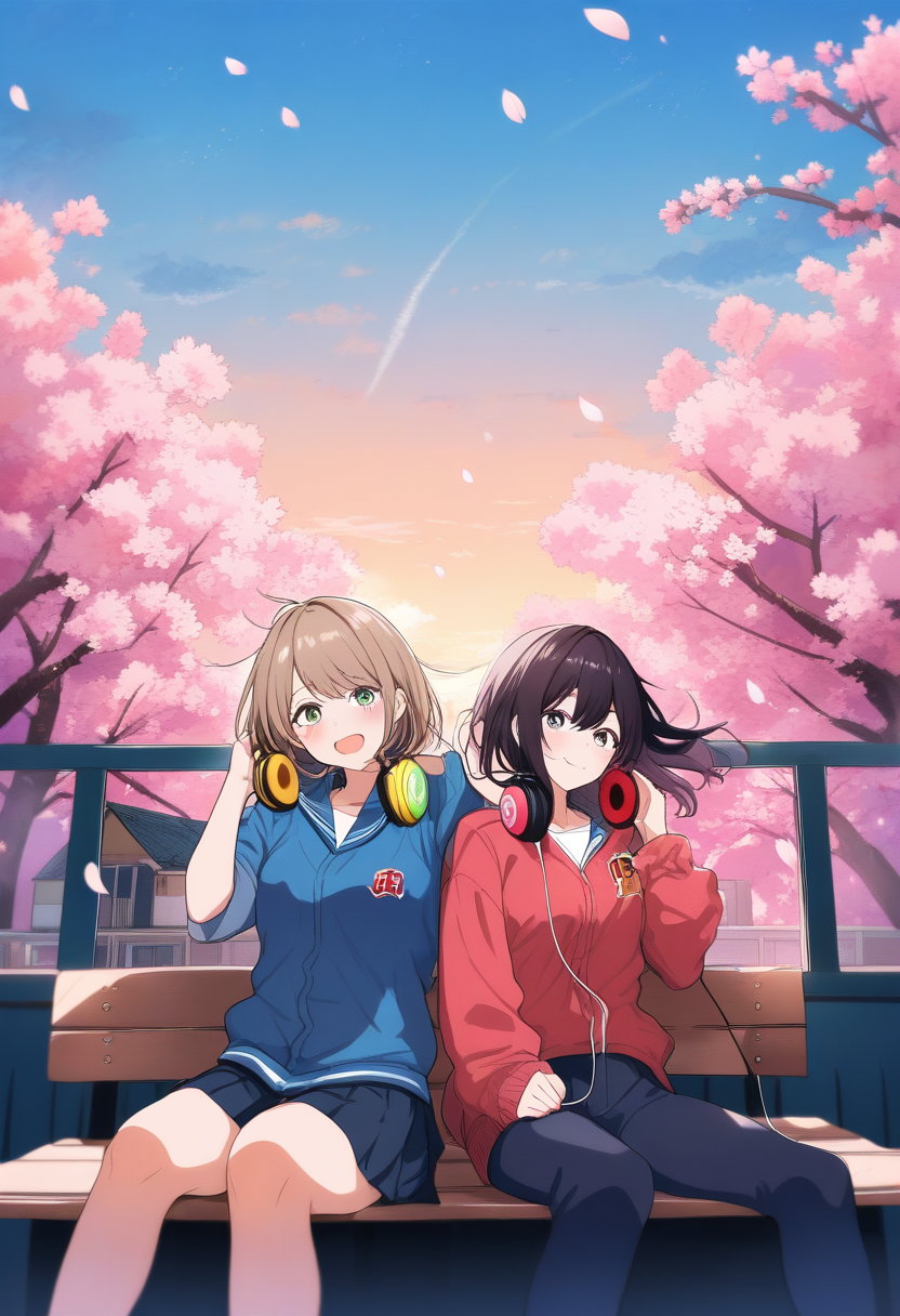 A school rooftop scene at golden hour, two friends sitting on a bench sharing headphones, cherry blossoms drifting