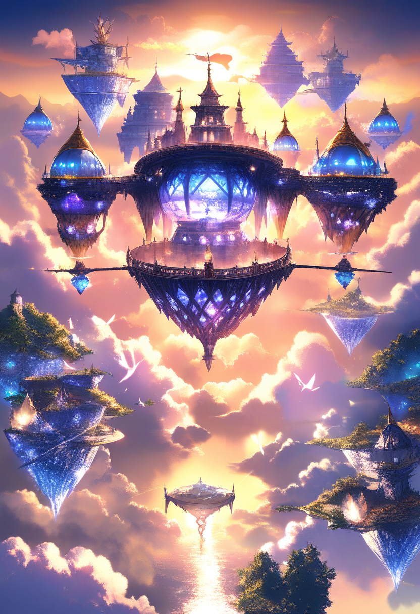 A floating castle in the clouds, airships docking at crystal platforms, fantasy adventure panorama with warm light