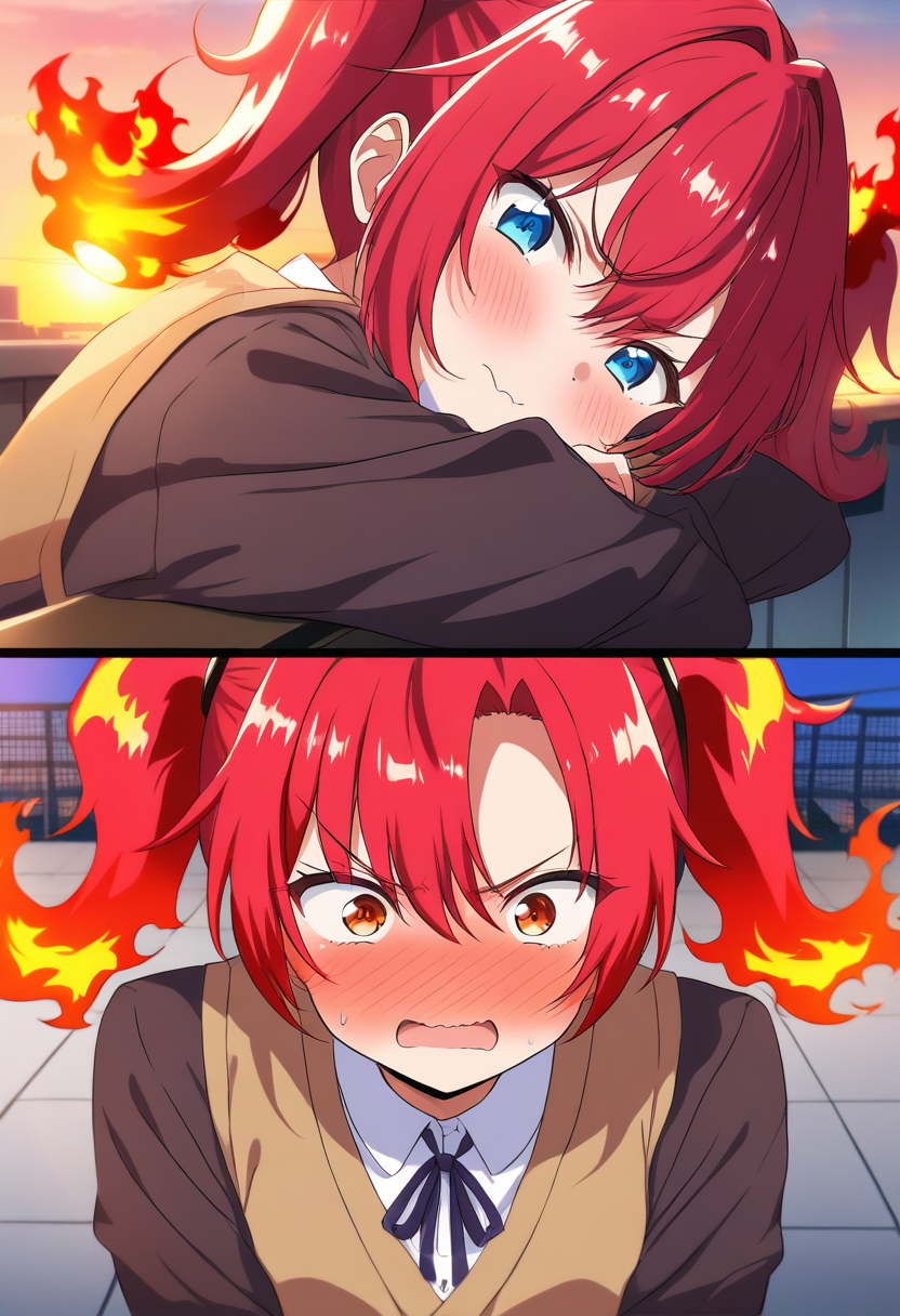 Tsundere anime girl with twin tails, fiery red hair, arms crossed, flustered blush, school rooftop at sunset, sharp expressive eyes