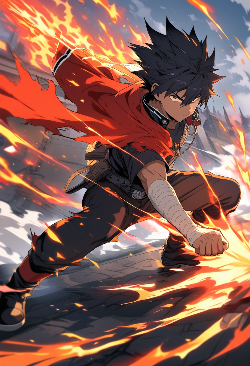 Shonen hero with spiky black hair, bandaged arms, torn red cape, battle-ready stance, fiery aura erupting around him