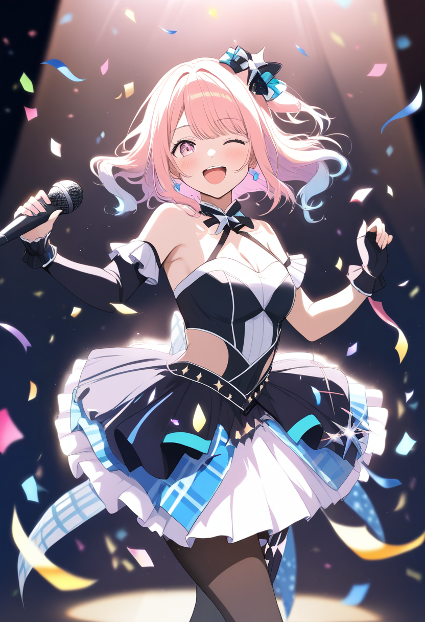 Anime idol singer with pastel gradient hair, sparkling stage outfit, microphone in hand, concert spotlight, confetti falling