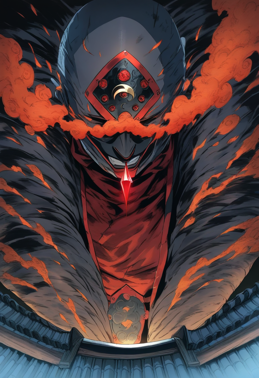 Anime ninja with a mask covering lower face, dark outfit with red accents, kunai between fingers, rooftop under a crescent moon