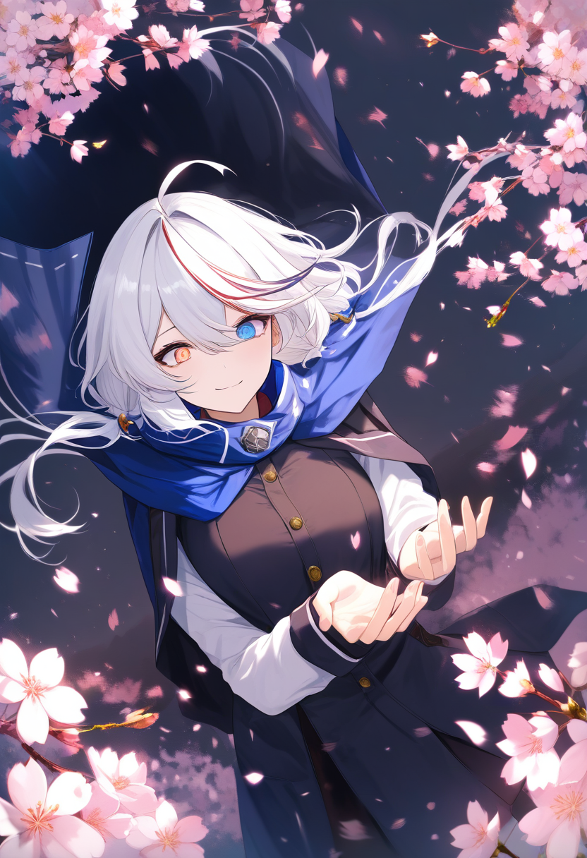 Mysterious transfer student with heterochromia eyes, windswept white hair, dark school coat, enigmatic smile, cherry blossoms falling