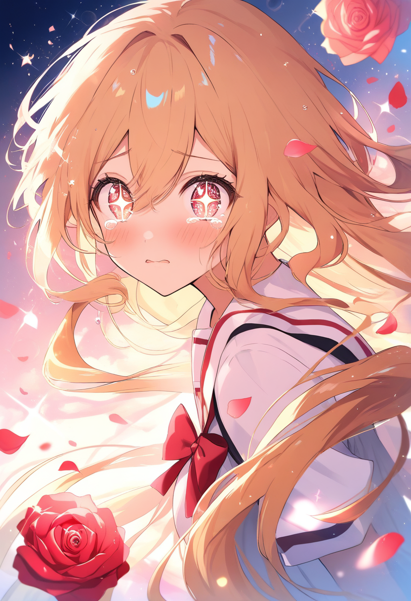 A beautiful shoujo heroine with long flowing rose-gold hair, sparkling eyes filled with tears, elegant school uniform, petals and sparkles swirling around her