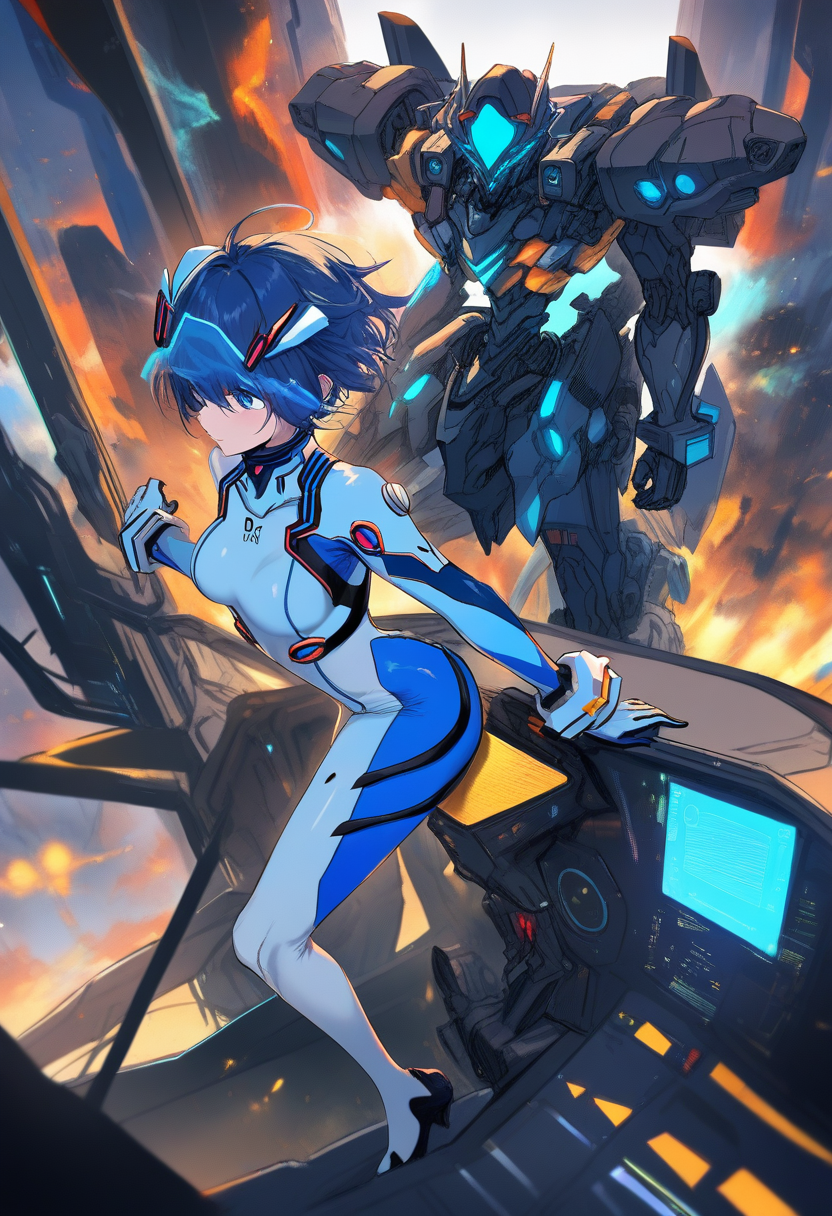 A stoic mecha pilot in a futuristic plugsuit, short blue hair and visor, cockpit glowing with holographic displays, giant robot silhouette behind her