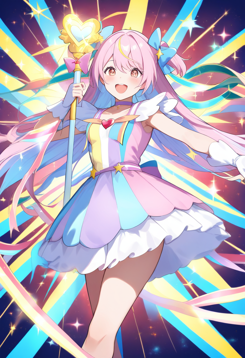 A magical girl in mid-transformation with flowing ribbons, sparkling pastel costume, heart-shaped wand glowing with magic, dramatic starburst background