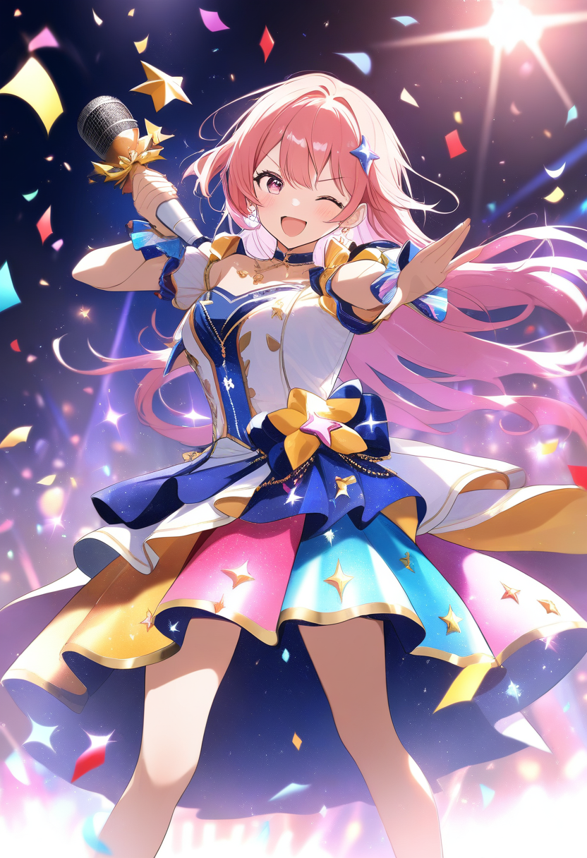 A dazzling anime idol singer on stage, shimmering costume with star motifs, microphone in hand, colorful stage lights and confetti, energetic pose