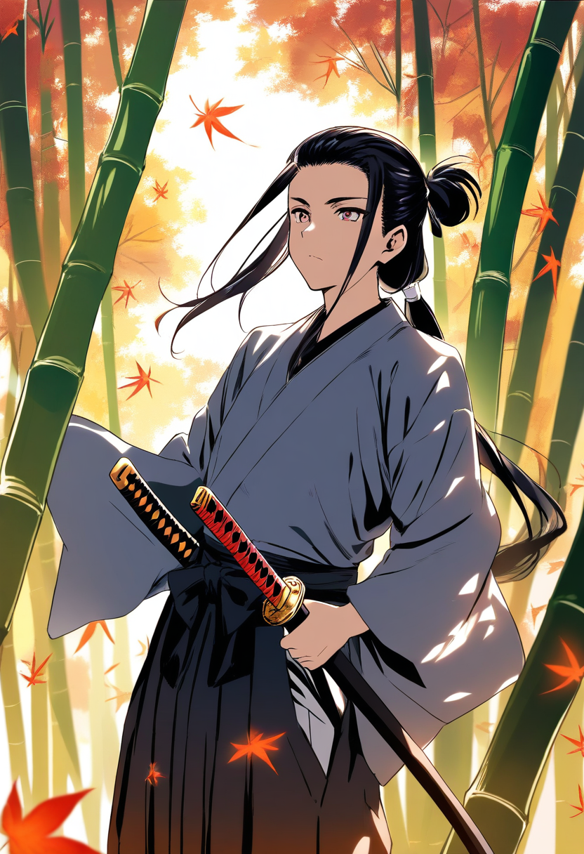 A noble samurai with long dark hair tied back, traditional hakama and katana, standing in a bamboo forest with falling autumn leaves, serene expression