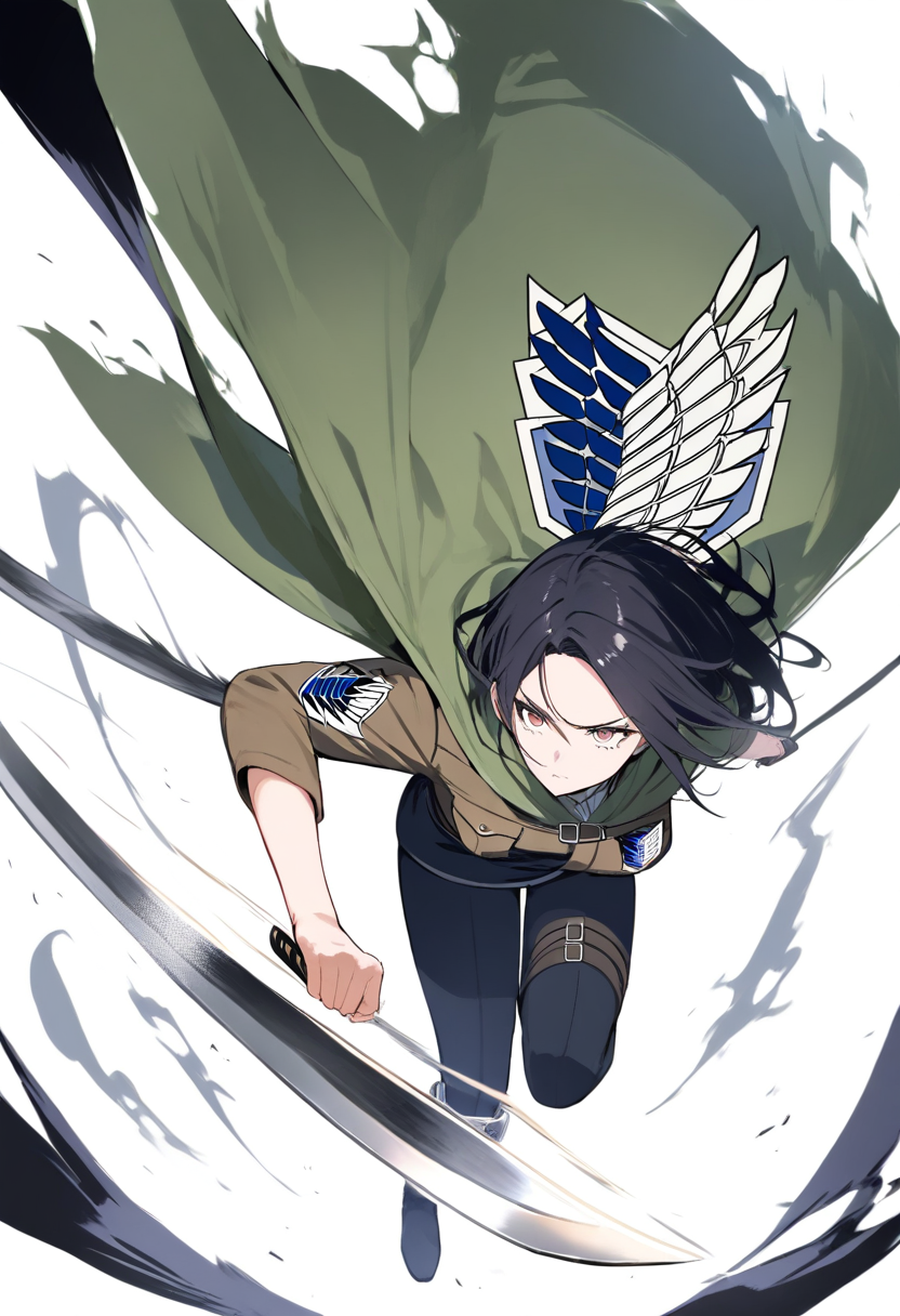 A Survey Corps soldier in green cloak with Wings of Freedom emblem, ODM gear and dual blades, short black hair, mid-air action pose