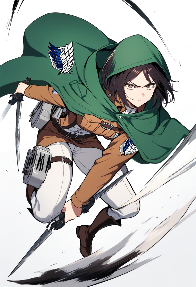 A Military Police officer with unicorn emblem, long blonde ponytail, ODM gear holstered, arms crossed in authoritative pose