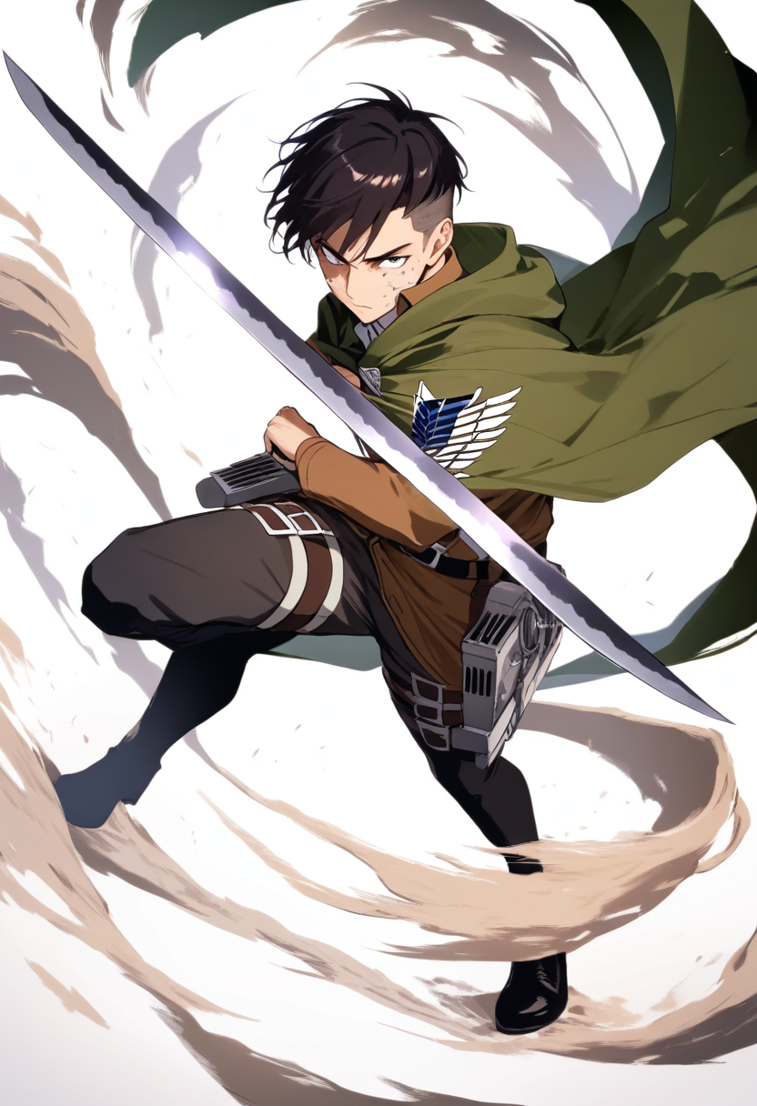 A Survey Corps captain in flowing green cloak, dual blade combat stance, undercut dark hair with battle scars and steely eyes