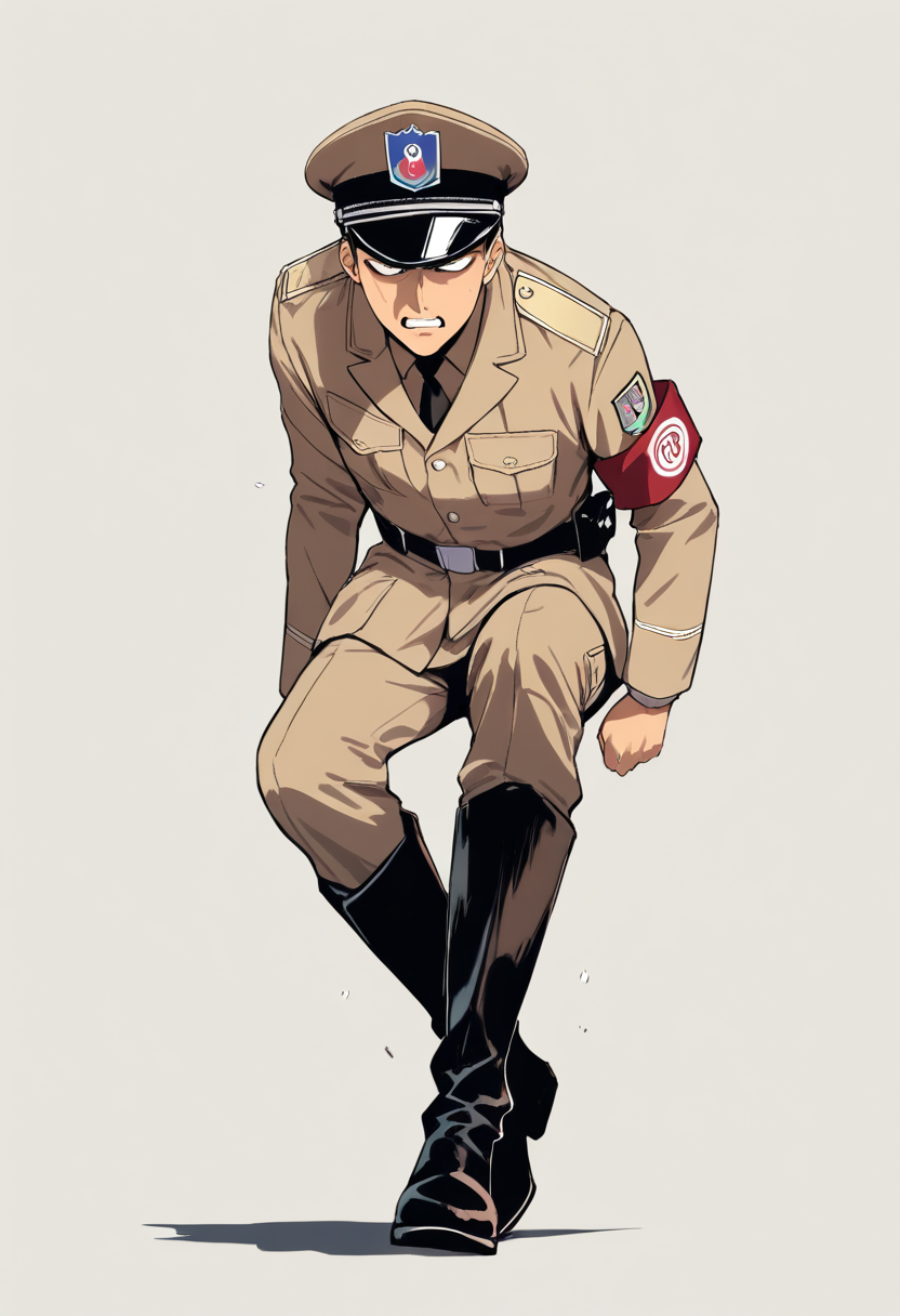 A cadet in white training outfit, hand-to-hand combat stance, athletic build with short silver hair and focused expression