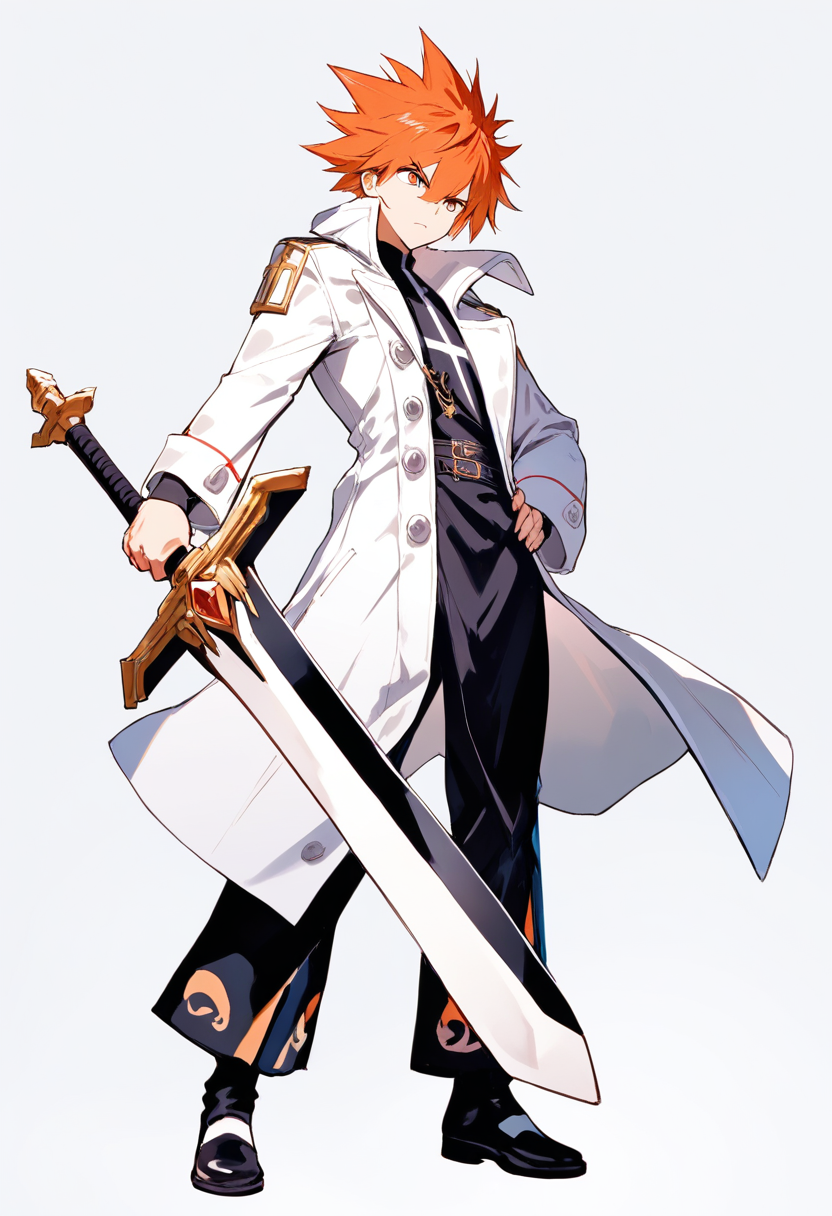 A shinigami captain with spiky orange hair, black kimono, white haori captain coat, zanpakuto sword at hip in a determined stance