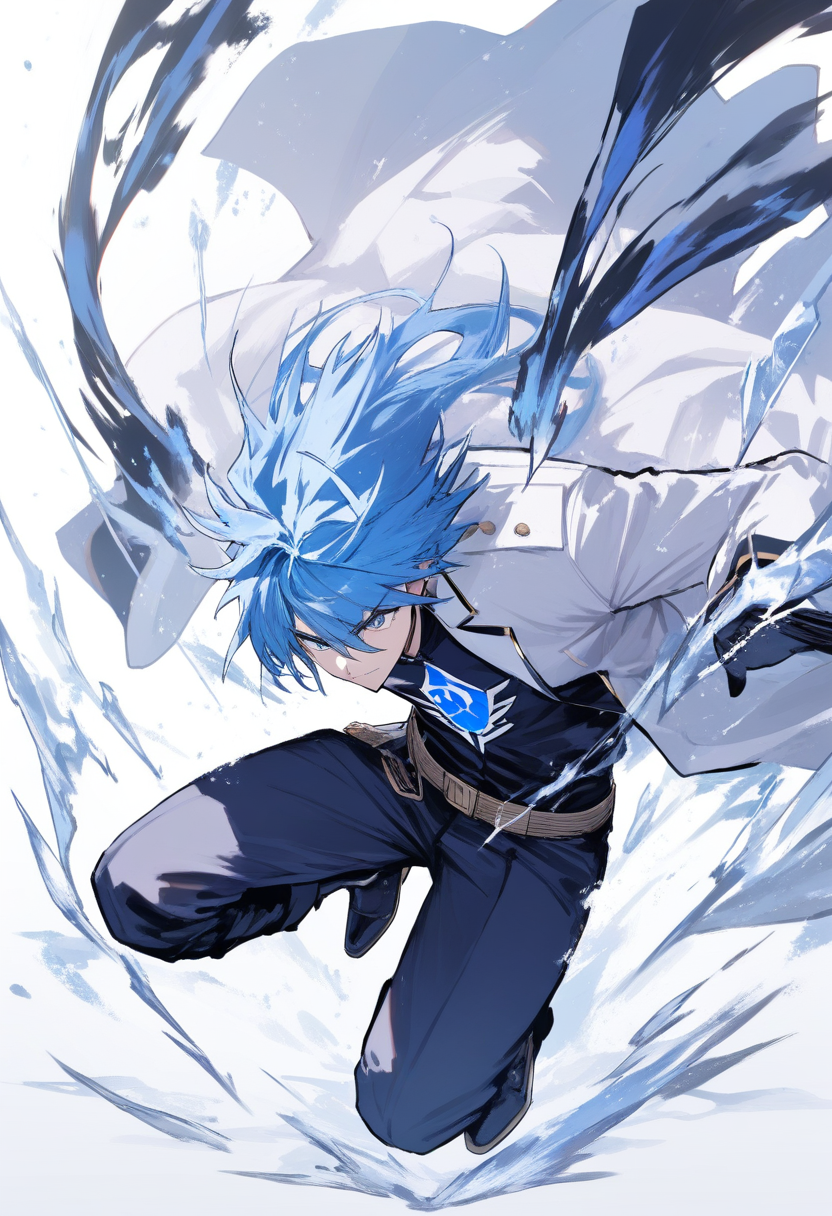 A shinigami captain in bankai form with wild blue hair, ice effects, white haori with squad symbol, powerful aura