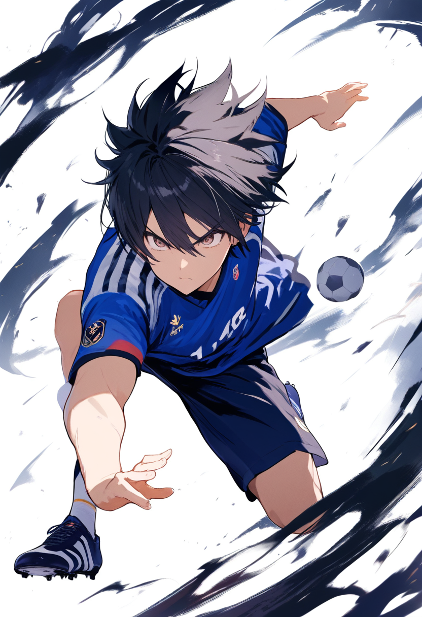 An intense striker in a blue jersey number 11, dynamic running pose with spiky black hair and soccer cleats