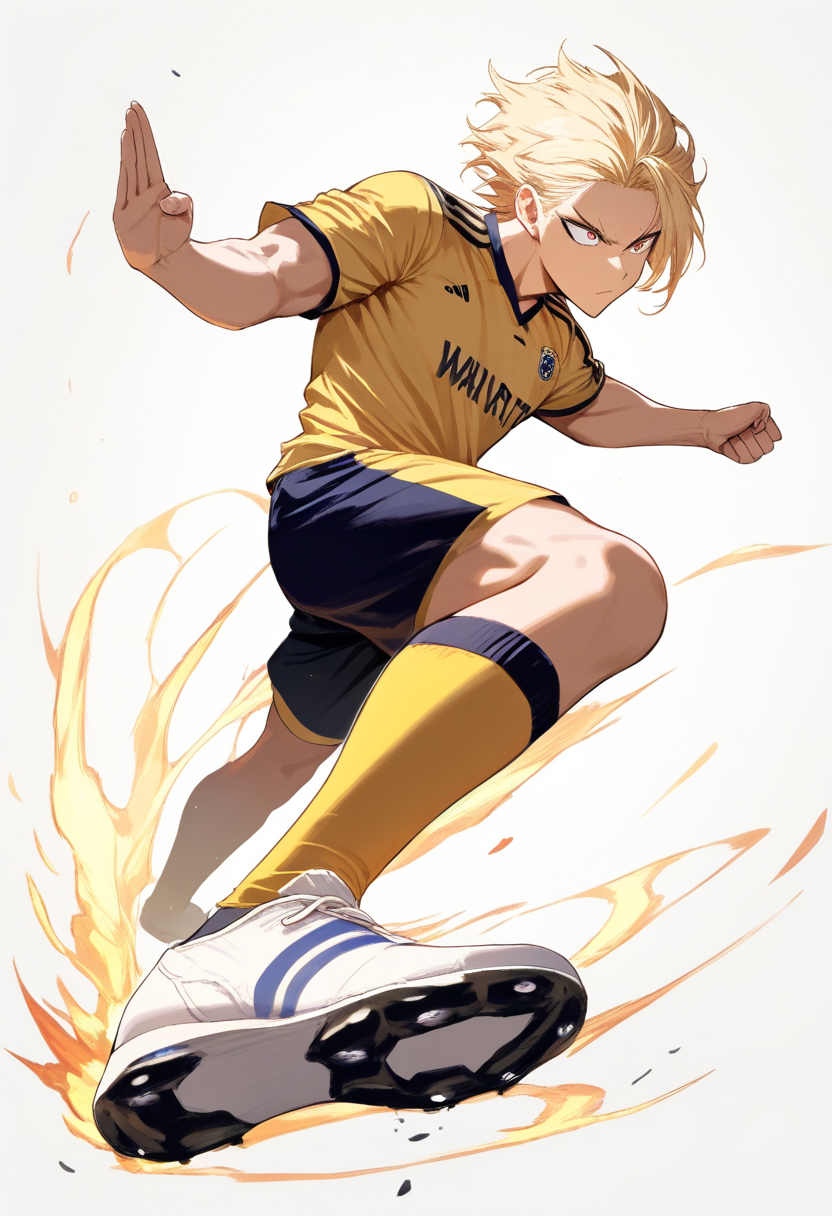 A fierce player in white and gold jersey kicking a soccer ball, wild blonde hair and competitive eyes