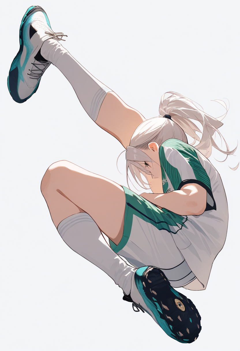 An athletic player in green and white jersey performing a bicycle kick, long silver hair tied back