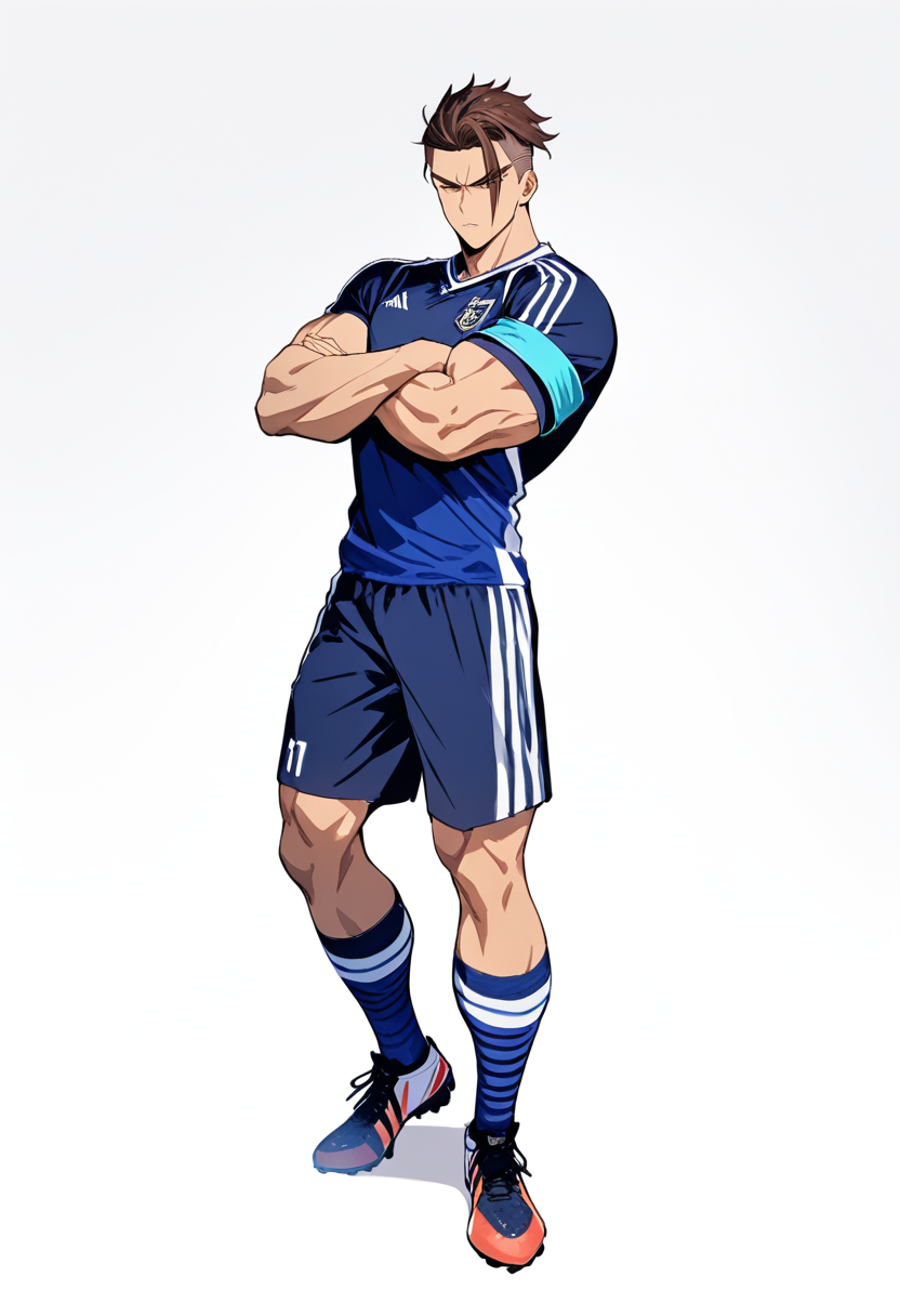An intimidating team captain in navy blue jersey with arms crossed, undercut hairstyle and captain armband