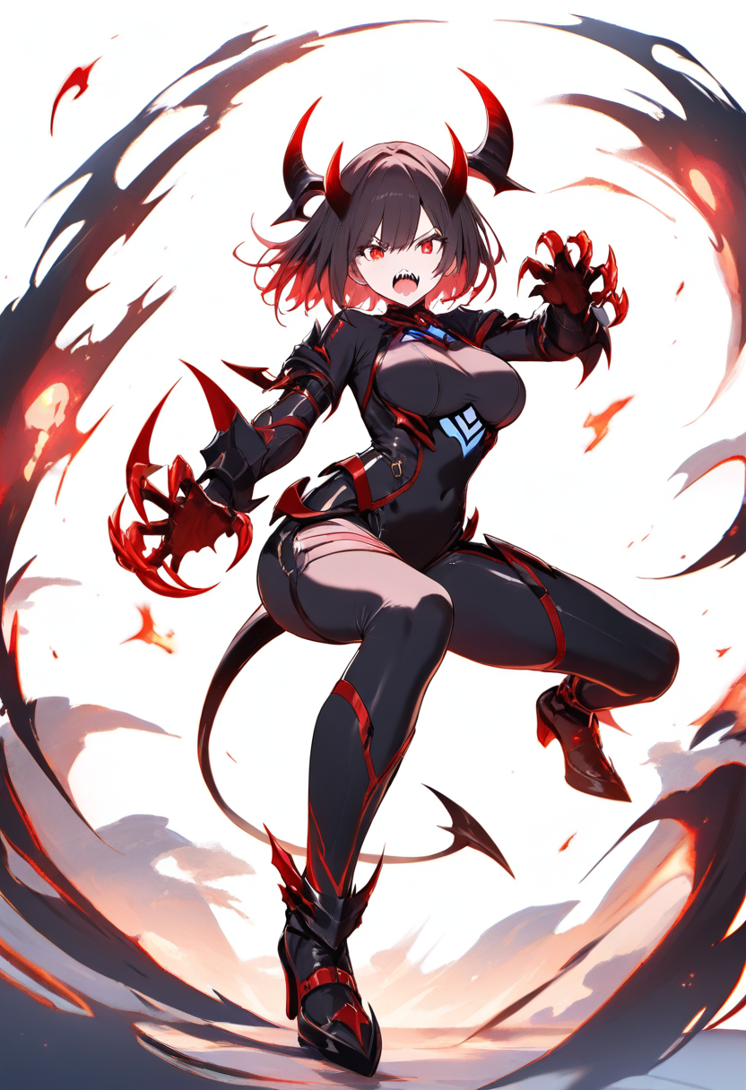 A fiend with horns on head, sharp teeth, dark bodysuit, devil tail, red eyes, clawed hands in a menacing battle stance