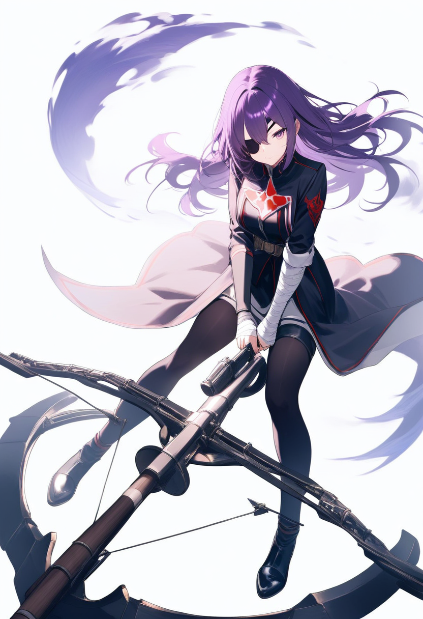 A devil hunter with eyepatch, long purple hair, crossbow weapon, bandaged arms, scarred veteran warrior pose