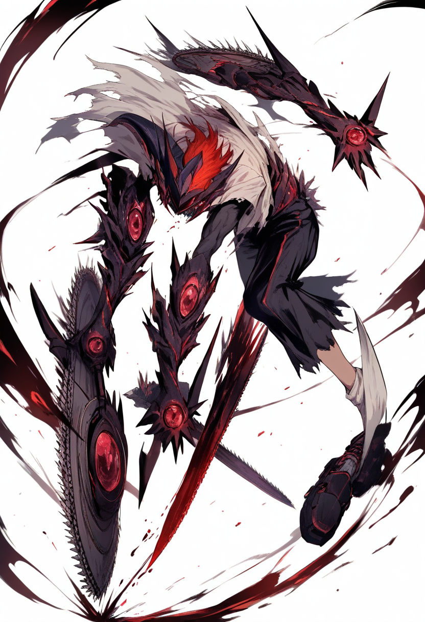 A blood devil inspired character in red and black gothic dress, blood manipulation effects, long crimson hair, elegant sinister pose