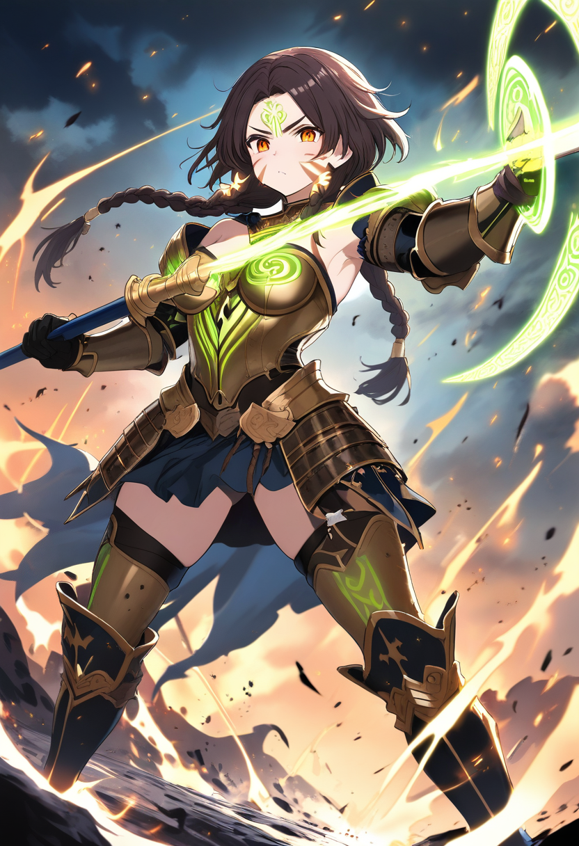 A fierce warrior princess with battle braids, war paint across her cheeks, lightweight enchanted armor with glowing runes, wielding a spear on a stormy battlefield