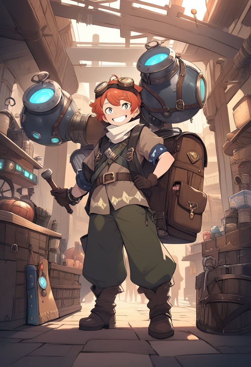 A cheerful sidekick character with freckles and a wide grin, goggles on forehead, oversized backpack full of gadgets, standing in a bustling steampunk marketplace