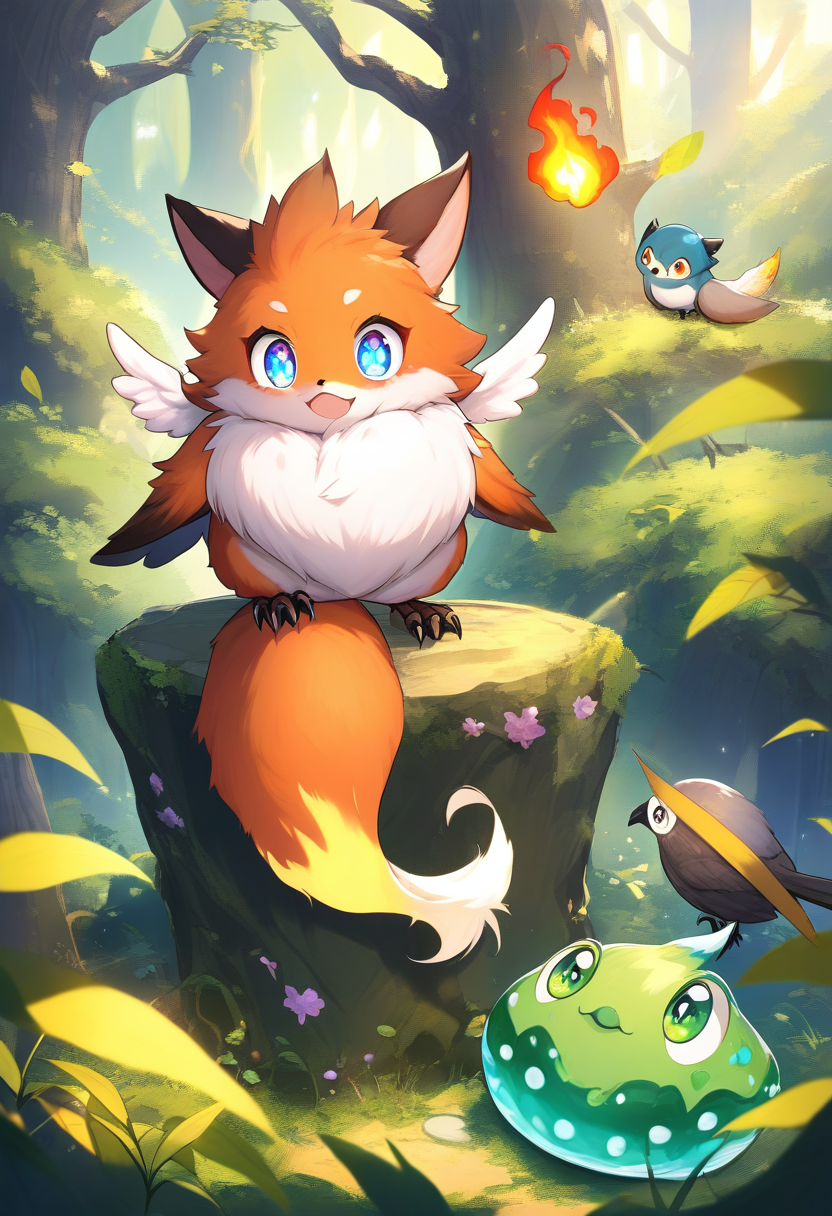 An adorable creature companion — a small fox-dragon hybrid with tiny wings, fluffy tail with a flame tip, big curious eyes, perched on a mossy stone in a magical forest