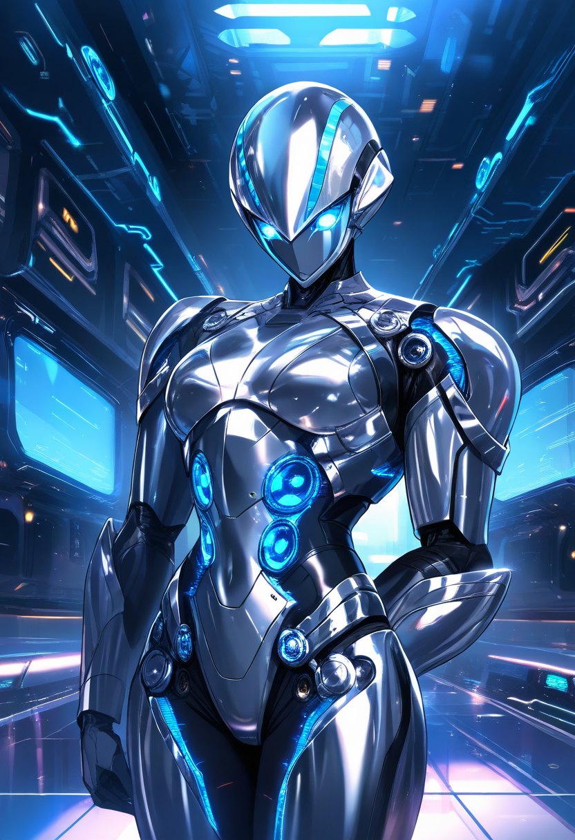A sleek android character with smooth white and chrome plating, glowing blue circuit lines across body, expressive digital eyes, standing in a futuristic laboratory