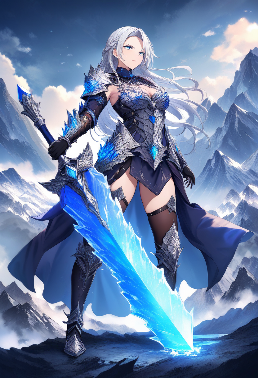 A fierce fantasy warrior woman with silver braided hair, glowing ice-blue eyes, ornate dragon-scale armor, wielding a crystal greatsword, stormy mountain backdrop