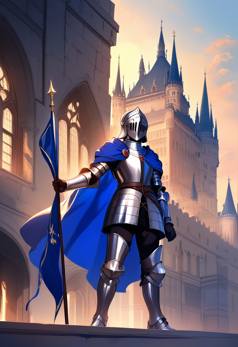 A noble medieval knight in polished plate armor with a royal blue cape, holding a banner, standing in a grand castle courtyard at dawn