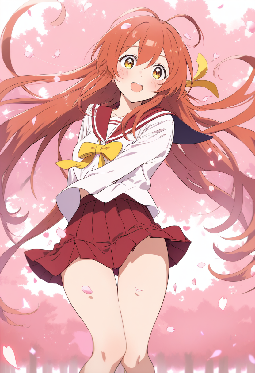 A cheerful anime schoolgirl with long auburn hair and big hazel eyes, sailor uniform with a yellow ribbon, cherry blossom petals falling around her
