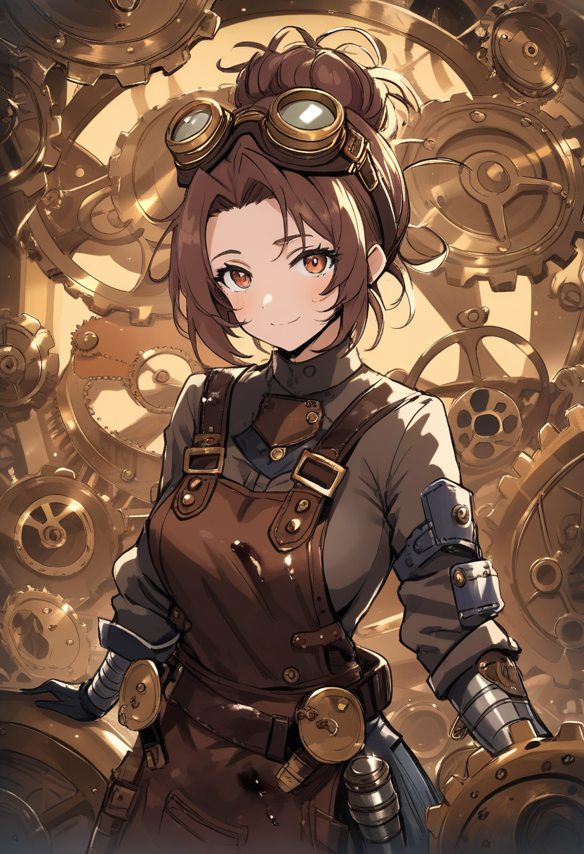 A steampunk inventor woman with copper goggles on her head, messy bun hair, leather apron covered in oil stains, surrounded by brass gears and clockwork gadgets