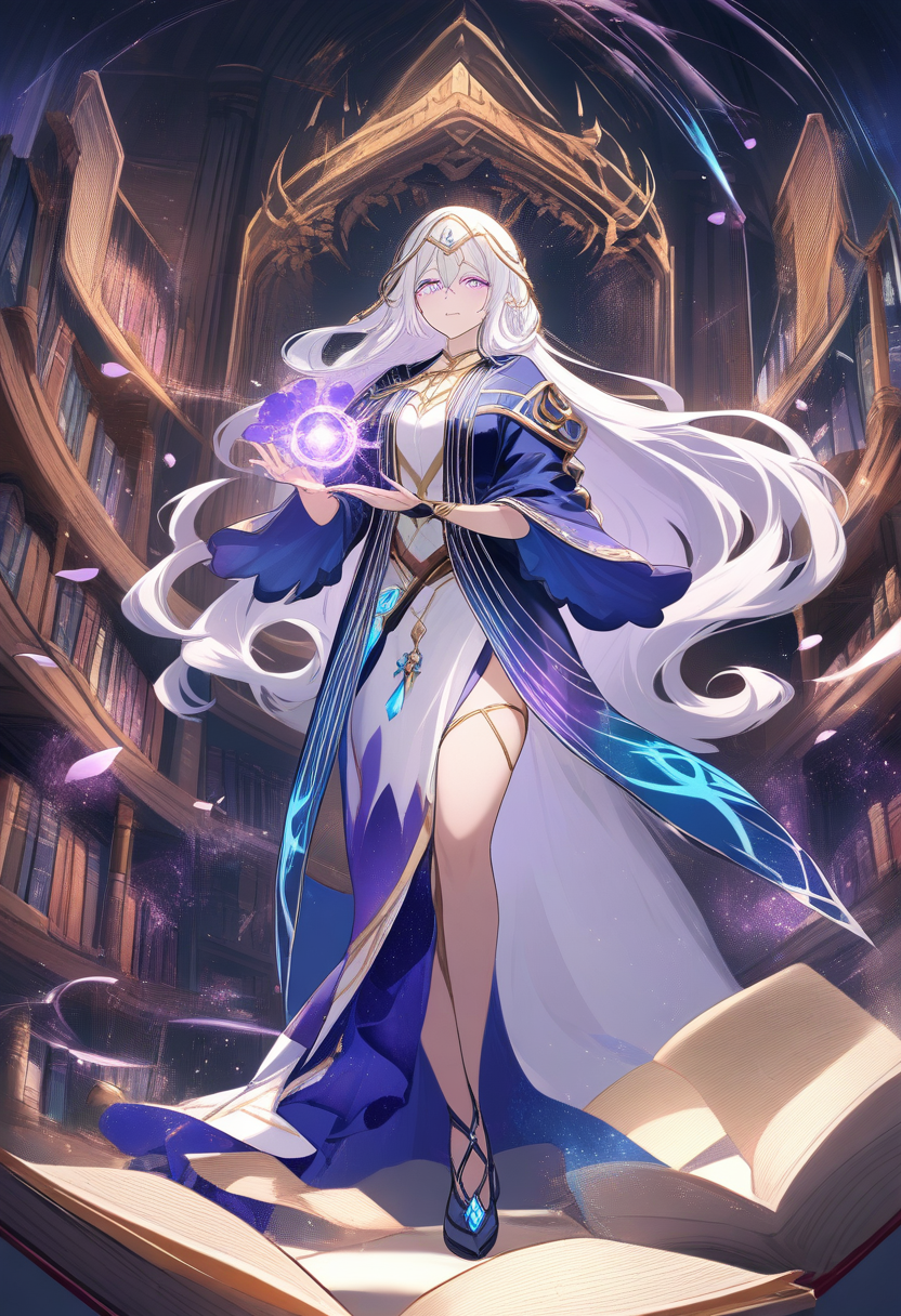 An ethereal elven mage with flowing white hair and violet eyes, shimmering arcane robes, casting a swirling galaxy spell, ancient library background