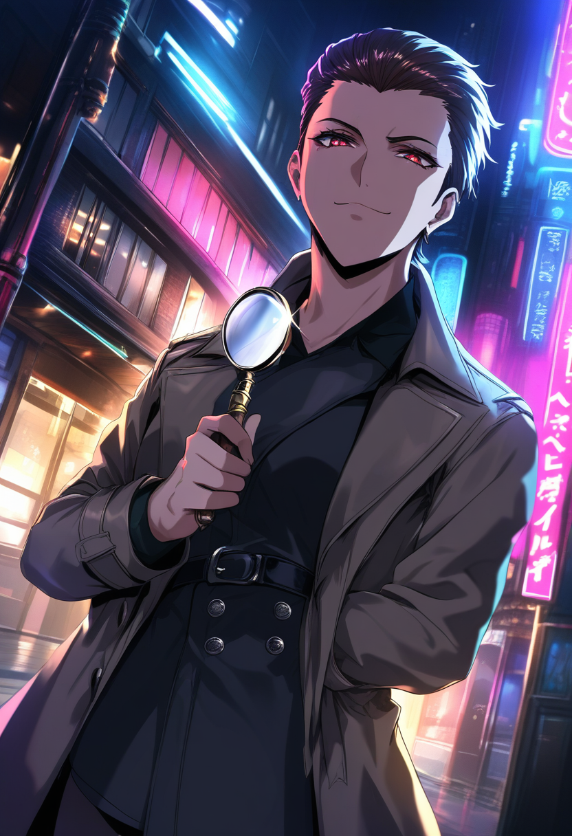 A sharp modern detective in a tailored trench coat, slicked-back dark hair, holding a magnifying glass, noir-style rainy alley with neon reflections