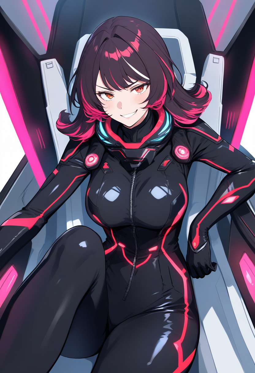 A daring space pilot in a sleek flight suit with glowing trim, short tousled hair, confident smirk, cockpit of a starfighter with stars streaking past