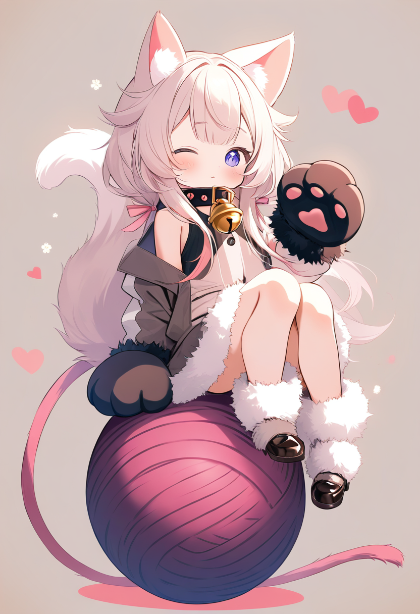 Cute chibi cat girl with fluffy ears and tail, oversized paw mittens, bell collar, sitting on a giant yarn ball