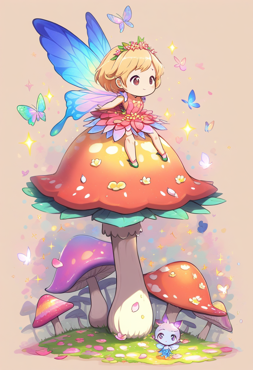 Tiny chibi fairy with iridescent butterfly wings, flower petal dress, sprinkling golden dust, enchanted garden setting
