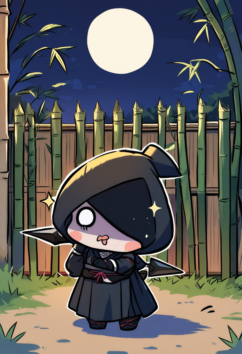 Chibi ninja in dark outfit, oversized shuriken, sneaky expression, peeking from behind a bamboo fence, moonlit night