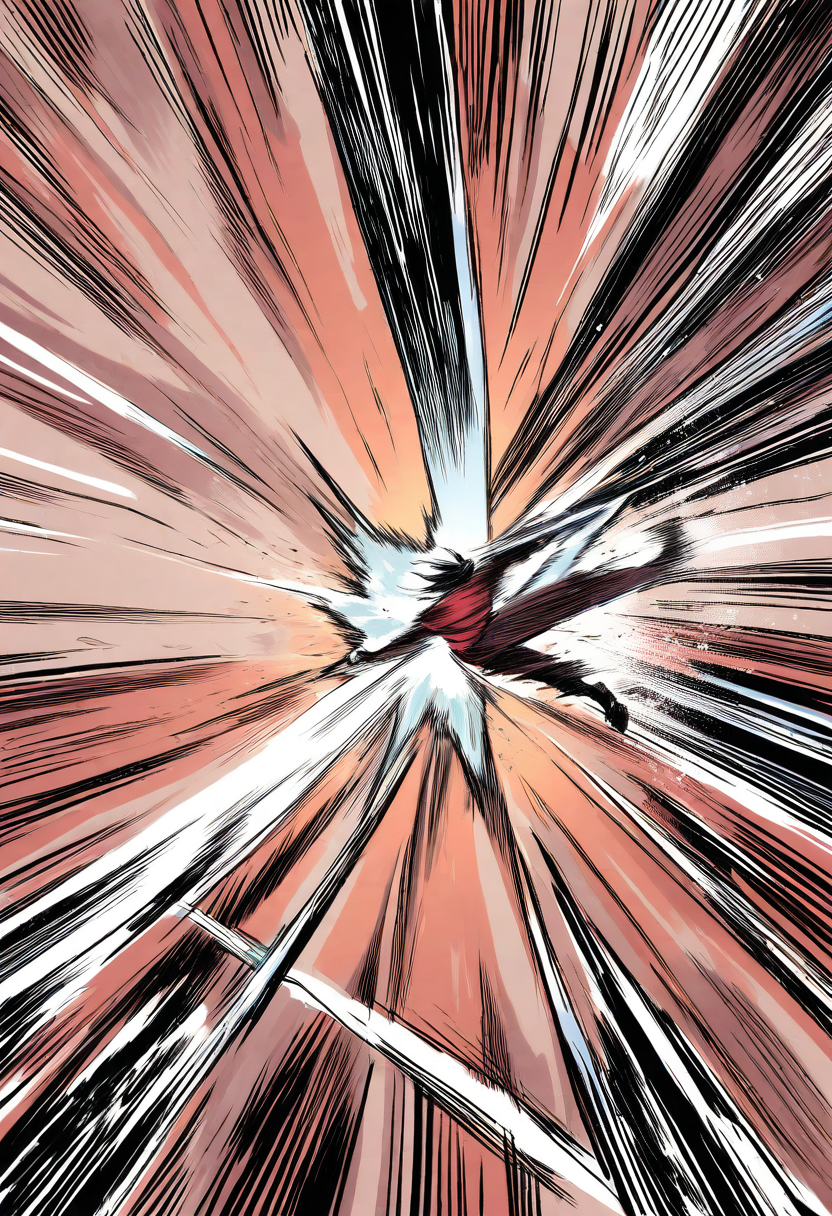 A manga-style action scene with a swordsman mid-slash, motion blur on the blade, opponent leaping back, dynamic diagonal composition, speed lines and impact effects