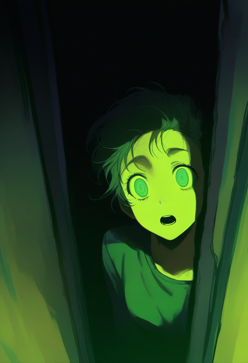 A horror comic panel of a shadowy creature emerging from a dark basement doorway, a terrified character backing away, dramatic chiaroscuro lighting, eerie green tint