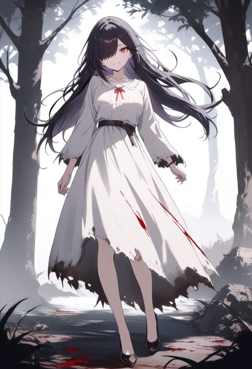 A pale girl with long black hair covering one eye, unnaturally wide smile, blood-red iris, tattered white dress in a dark misty forest at night
