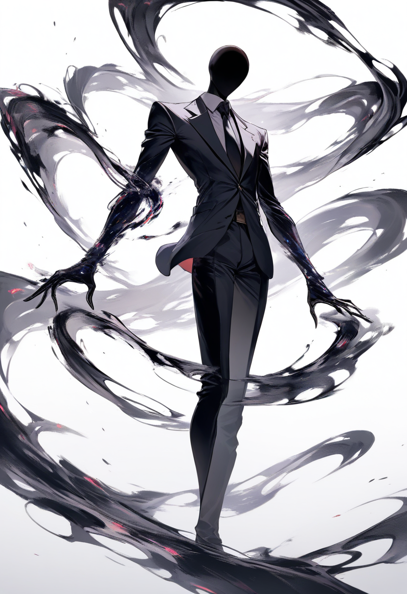 A faceless tall slender figure in a black suit, unnaturally long arms, static distortion effect around body in a dark foggy woodland