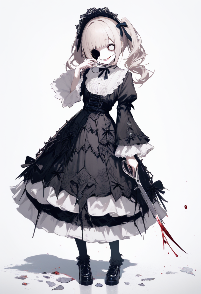 A clockwork doll girl with a mechanical eye, gear motifs in hair, cracked face revealing gears beneath in a steampunk dark workshop