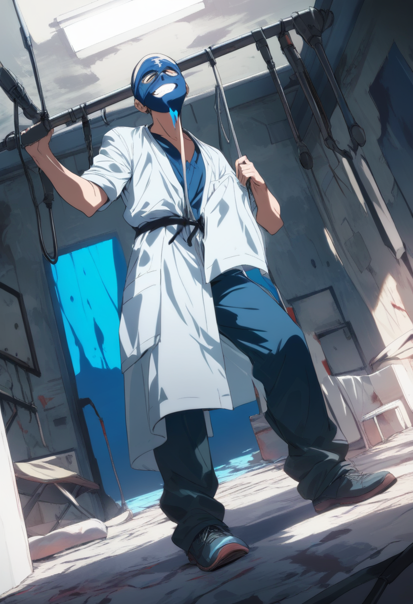 An eyeless boy with dark dripping sockets, sharp-toothed grin, blue mask hanging from neck, dark surgical scrubs in an abandoned operating room