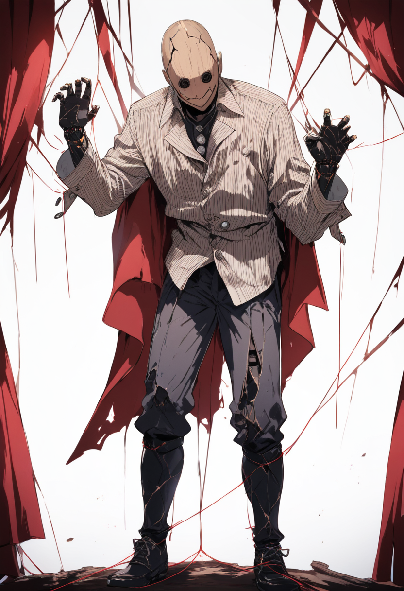 A puppet boy with visible string attachments at joints, cracked wooden texture on skin, empty button eyes on a sinister theater stage