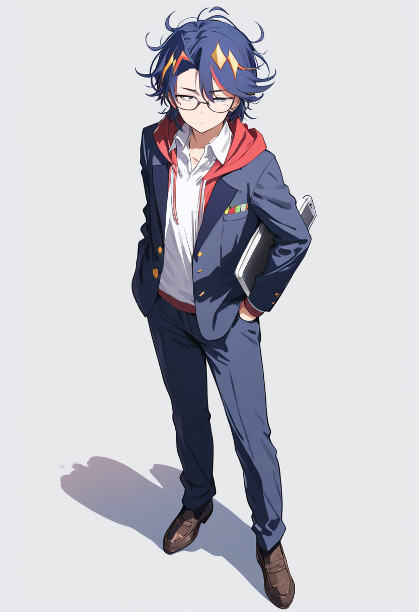 An ultimate programmer in hoodie over school blazer, messy hair, laptop under arm, glasses with tired eyes