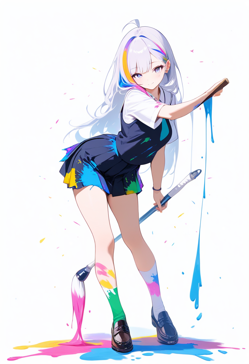 An ultimate artist in paint-splattered school uniform, colorful hair with paint streaks, paintbrush behind ear in a creative pose